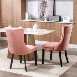 Modern Home Touch Romsey Set of 2 Velvet Upholstered Dining Chairs with Oak Legs & Knocker Ring Back in Pink - Size: 2 Pack - thumbnail 3