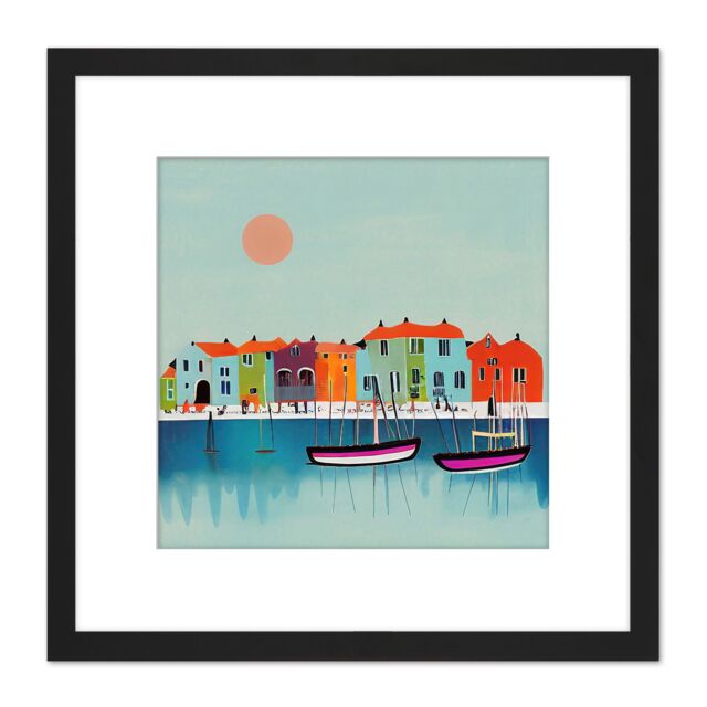Artery8 Fishing Harbour Sri Lanka Colourful Huts Boats Illustration Square Wooden Framed Wall Art Print Picture 8X8 Inch in Black - image 1