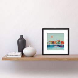 Artery8 Fishing Harbour Sri Lanka Colourful Huts Boats Illustration Square Wooden Framed Wall Art Print Picture 8X8 Inch in Black - thumbnail 2
