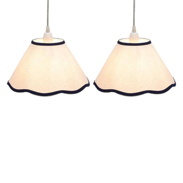 First Choice Lighting Set of 2 Libby - Natural Linen Navy Blue Trim 27cm Pendant Lamp Shades in White - image 1