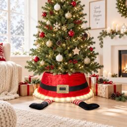 Shatchi 22inch LED Santa Style Christmas Tree Collar with Sequin Fabric Finish & Foldable Design in Red - thumbnail 8