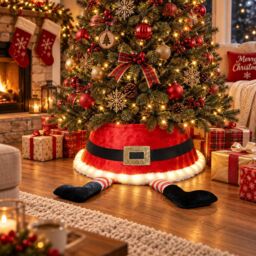 Shatchi 22inch LED Santa Style Christmas Tree Collar with Sequin Fabric Finish & Foldable Design in Red - thumbnail 7