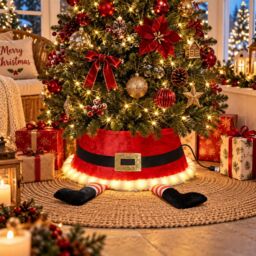 Shatchi 22inch LED Santa Style Christmas Tree Collar with Sequin Fabric Finish & Foldable Design in Red - thumbnail 9