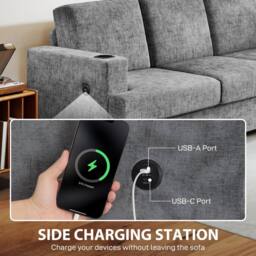 Wyld Haus Sefa Grey 3 Seater Sofa with Integrated USB Ports & Cup Holders - thumbnail 3
