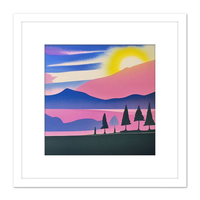 Artery8 Sunset Mountain Forest Winter Lake Magenta Watercolour Square Wooden Framed Wall Art Print Picture 8X8 Inch in White - image 1