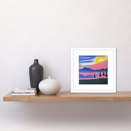 Artery8 Sunset Mountain Forest Winter Lake Magenta Watercolour Square Wooden Framed Wall Art Print Picture 8X8 Inch in White - thumbnail 2