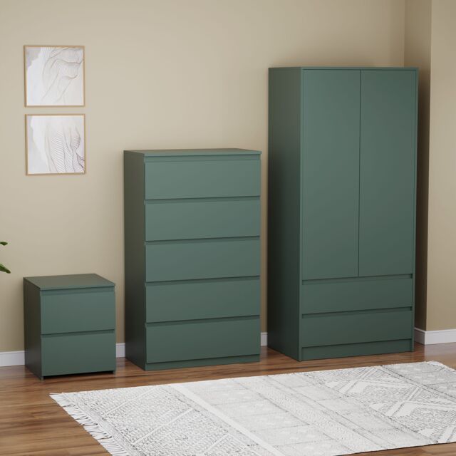 Home Discount Vida Designs Denver Bedroom Set (2 Dr Bedside, 5 Dr Chest, Wardrobe) in Green - image 1