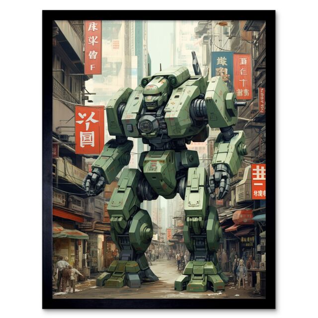 Artery8 Wall Art Print Mecha Robot in City Street Anime Sci-Fi Artwork Red Green Giant Humanoid Machine Fantasy Science Fiction Art Framed - image 1
