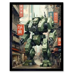 Artery8 Wall Art Print Mecha Robot in City Street Anime Sci-Fi Artwork Red Green Giant Humanoid Machine Fantasy Science Fiction Art Framed - thumbnail 1