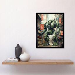 Artery8 Wall Art Print Mecha Robot in City Street Anime Sci-Fi Artwork Red Green Giant Humanoid Machine Fantasy Science Fiction Art Framed - thumbnail 2