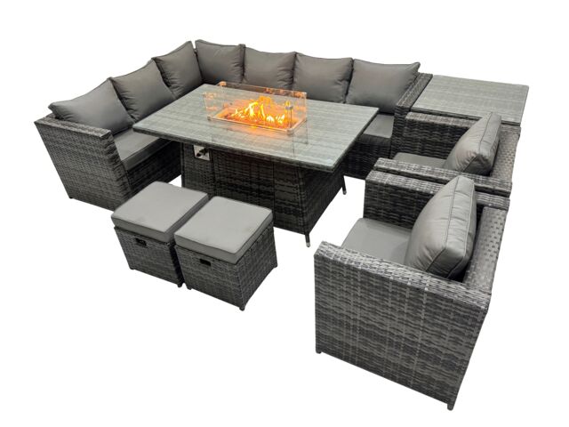 Fimous Rattan Garden Furniture Dining Set 10-seater with 2 Stool Side Table in Dark Grey - image 1