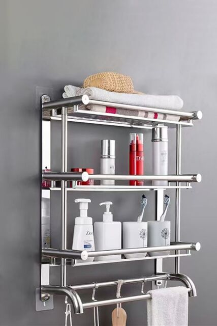 Living and Home 3 Tiers Stainless Steel Bathroom Shelf Wall Mounted Storage Toilet Shelf in Silver - image 1