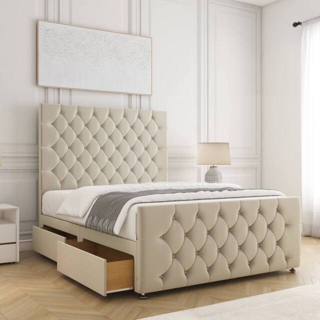 "BSSPOKE Maya Plush Velvet Divan Bed 54""Headboard & 2Drawers Same Side Mattress in Cream - Size: Double" - image 1