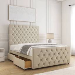 "BSSPOKE Maya Plush Velvet Divan Bed 54""Headboard & 2Drawers Same Side Mattress in Cream - Size: Double"