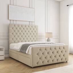 "BSSPOKE Maya Plush Velvet Divan Bed 54""Headboard & 2Drawers Same Side Mattress in Cream - Size: Double" - thumbnail 3