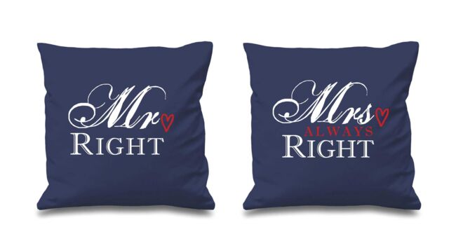 "60 SECOND MAKEOVER Mr Right Mrs Always Right Navy Cushion Covers 16"" x 16"" Couples Cushions Valentines Wedding Anniversary Bedroom Decorati"