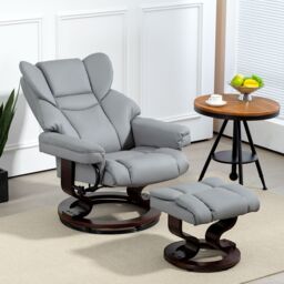 HOMCOM PU Leather Manual Reclining Armchair Footstool Padded Seat Light Grey - thumbnail 1