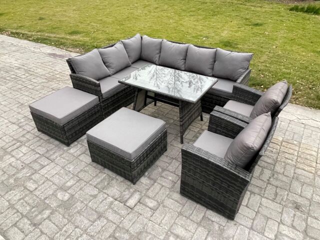 Fimous Outdoor Rattan Garden Furniture Corner Sofa Set with Oblong Dining Table 2 Big Footstool 2 Armchairs in Dark Grey - image 1