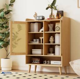 STILVORA 5-Tier Shoe Cabinet with Rattan Doors in Oak in Light Oak - thumbnail 2