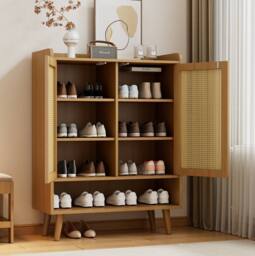 STILVORA 5-Tier Shoe Cabinet with Rattan Doors in Oak in Light Oak - thumbnail 3