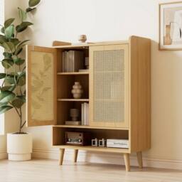 STILVORA 5-Tier Shoe Cabinet with Rattan Doors in Oak in Light Oak