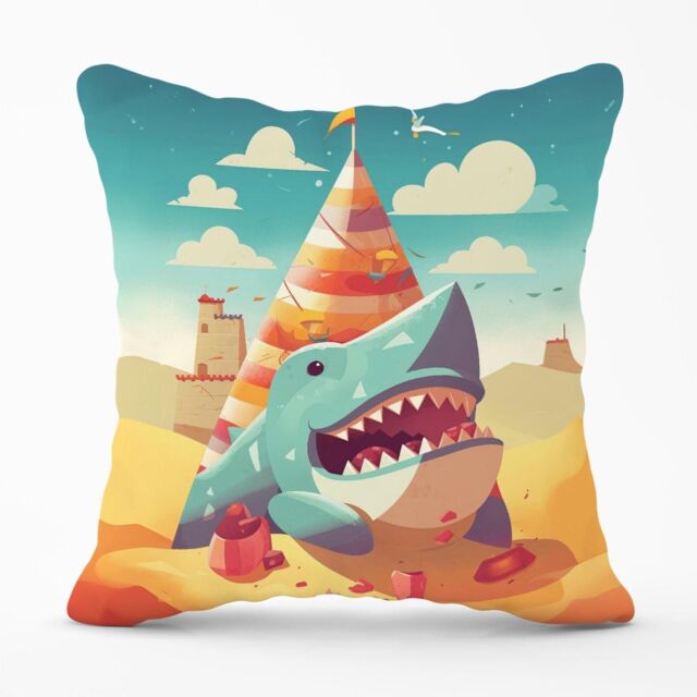 Warren Reed - Designer Shark On A Beach Holiday Outdoor Cushion in Yellow - Size: 60 cm x 60 cm - image 1
