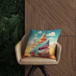 Warren Reed - Designer Shark On A Beach Holiday Outdoor Cushion in Yellow - Size: 60 cm x 60 cm - thumbnail 2