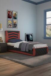 SlumberWorx Galaxy Ottoman Storage LED Headboard Gaming Single Black Bed Frame w 15cm Comfort Foam Mattress in Red