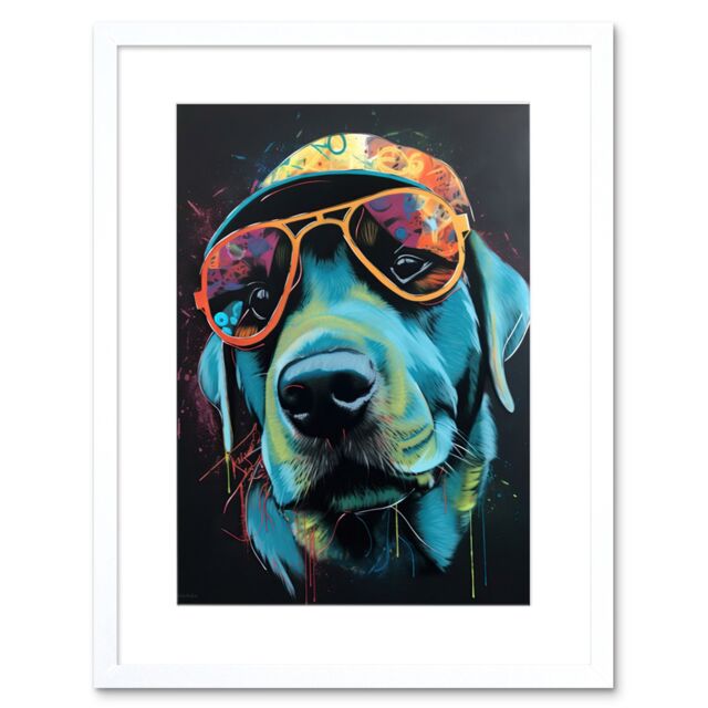 "Artery8 Wall Art Print Labrador Retriever with Sunglasses & Hat Artwork Framed 9X7 Inch in White - Size: W7"" x H9""" - image 1