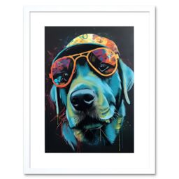 "Artery8 Wall Art Print Labrador Retriever with Sunglasses & Hat Artwork Framed 9X7 Inch in White - Size: W7"" x H9""" - thumbnail 1