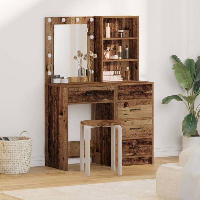 Berkfield Home 2 Piece Dressing Table Set with LED Old Wood Engineered Wood in Brown - image 1