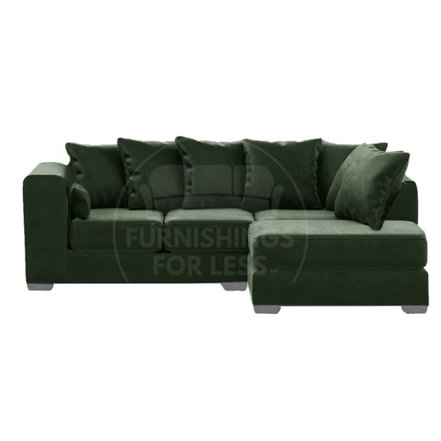 Furnishings For Less UK Ella Boxed Arm Plush Velvet 3 to 4 Seater L Shaped Corner Sofa Gold Right Hand Facing in Green