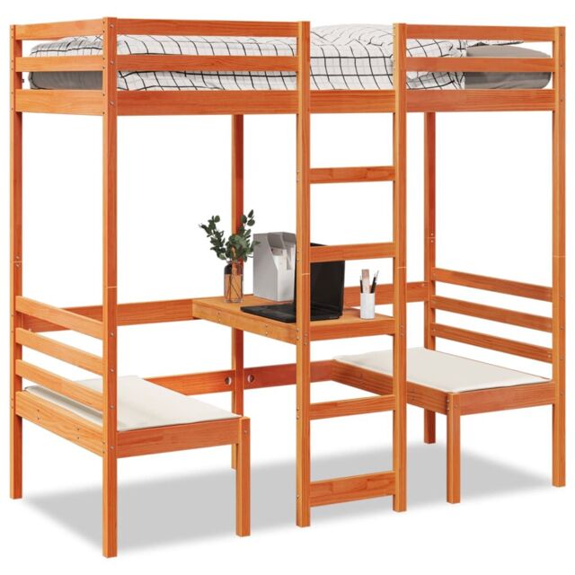Berkfield Home Loft Bed Frame with Desk & Chairs Wax Brown 80x200cm Solid Wood Pine - Size: 80x200 cm - image 1