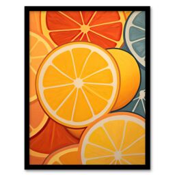 Artery8 Wall Art Print Lemons & Oranges Oil Painting Abstract Fruit Slices Kitchen Artwork Framed in Yellow - Size: A4 - thumbnail 1