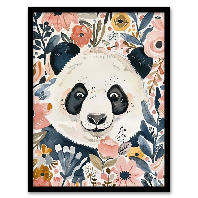 "Artery8 Panda Bear Hiding in Spring Flowers Watercolour Framed Wall Art - Size: W12"" x H16""" - image 1