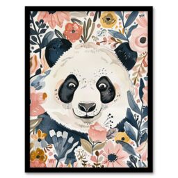 "Artery8 Panda Bear Hiding in Spring Flowers Watercolour Framed Wall Art - Size: W12"" x H16""" - thumbnail 1