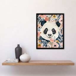 "Artery8 Panda Bear Hiding in Spring Flowers Watercolour Framed Wall Art - Size: W12"" x H16""" - thumbnail 4