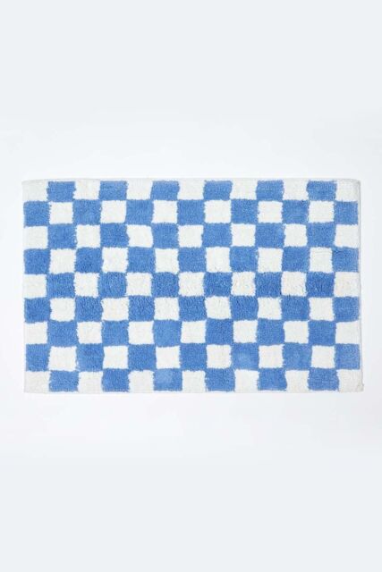 Homescapes Check 100% Cotton Non Slip Bath Mat in Blue - image 1