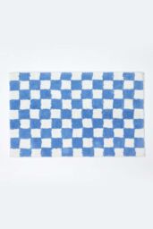 Homescapes Check 100% Cotton Non Slip Bath Mat in Blue - thumbnail 1