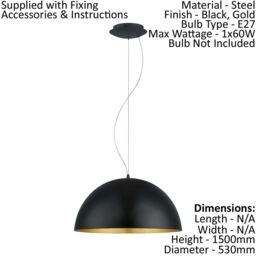 Loops Pendant Ceiling Light Black Outer Colour Gold Inner Colour Shade Bulb E27 60W - thumbnail 2