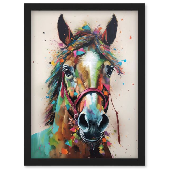 Artery8 Horse Multicoloured Spray Paint & Oil Painting Artwork Framed Wall Art Print A4 in Black - image 1