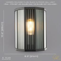 Happy Homewares Contemporary Outdoor Garden Half Lantern Wall Lamp with Clear Ribbed Glass in Black - thumbnail 6