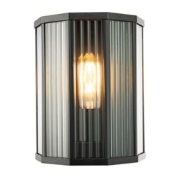 Happy Homewares Contemporary Outdoor Garden Half Lantern Wall Lamp with Clear Ribbed Glass in Black - thumbnail 1