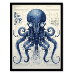 Artery8 Wall Art Print Octopus Robot Hybrid Schematic Blue Futuristic Secret Complex Arcane Manuscript Gift For Him Man Cave Art Framed - Size: A4 - thumbnail 1
