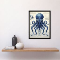 Artery8 Wall Art Print Octopus Robot Hybrid Schematic Blue Futuristic Secret Complex Arcane Manuscript Gift For Him Man Cave Art Framed - Size: A4 - thumbnail 4