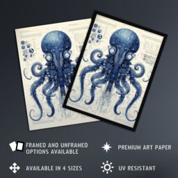 Artery8 Wall Art Print Octopus Robot Hybrid Schematic Blue Futuristic Secret Complex Arcane Manuscript Gift For Him Man Cave Art Framed - Size: A4 - thumbnail 2