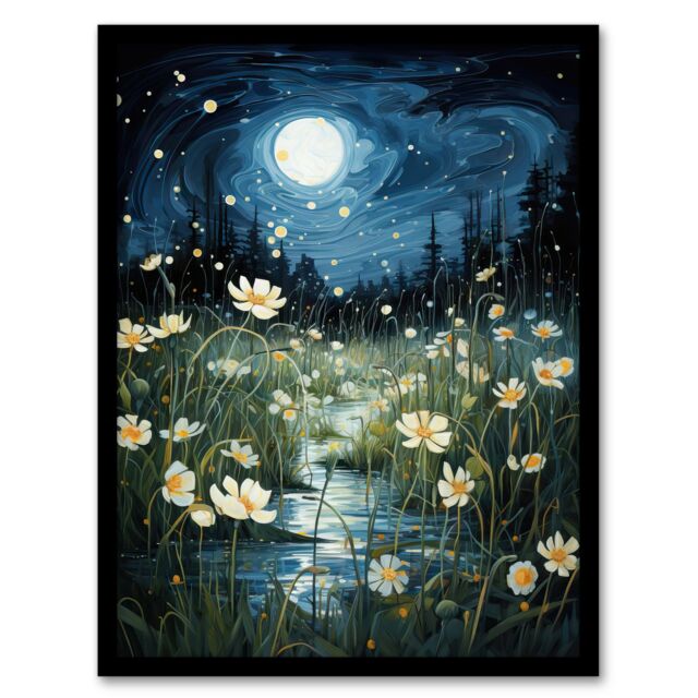 "Artery8 Moonlit Dancing Fireflies By Buttercup Brook Artwork Full Moon Night Moonlight Art Print Framed Poster Wall Decor in Black - Size: W12"" x H16""" - image 1