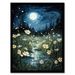 "Artery8 Moonlit Dancing Fireflies By Buttercup Brook Artwork Full Moon Night Moonlight Art Print Framed Poster Wall Decor in Black - Size: W12"" x H16""" - thumbnail 1
