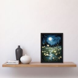 "Artery8 Moonlit Dancing Fireflies By Buttercup Brook Artwork Full Moon Night Moonlight Art Print Framed Poster Wall Decor in Black - Size: W12"" x H16""" - thumbnail 4