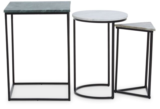 Orsina Set of 3 Marble Top Side Tables Set, Square, Circle, Triangle End Tables, Black Powder Coated Frame - image 1